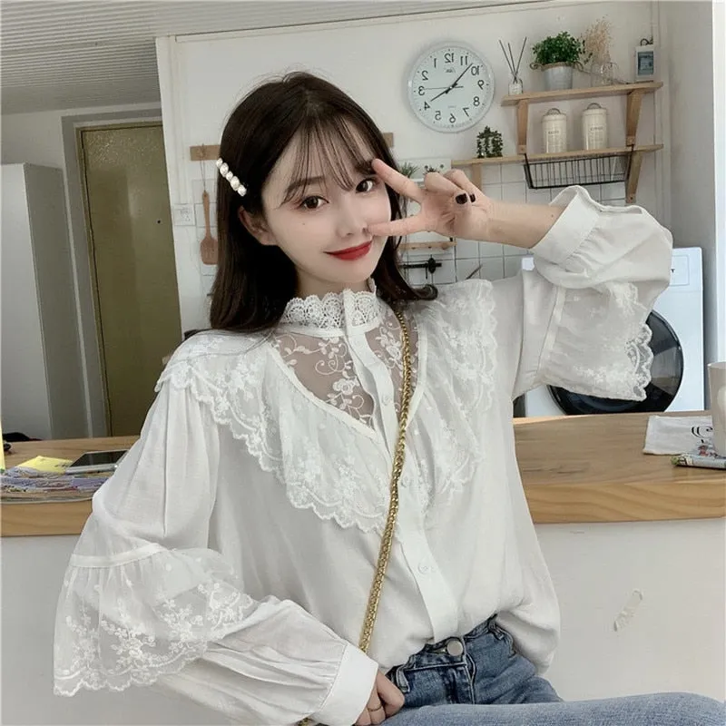 Autumn Korean Sweet Loose Clothes Lace Up Ruffled Women Blouses Fashion Stand Collat Ladies Tops Vintage Lace Shirts Women 11335