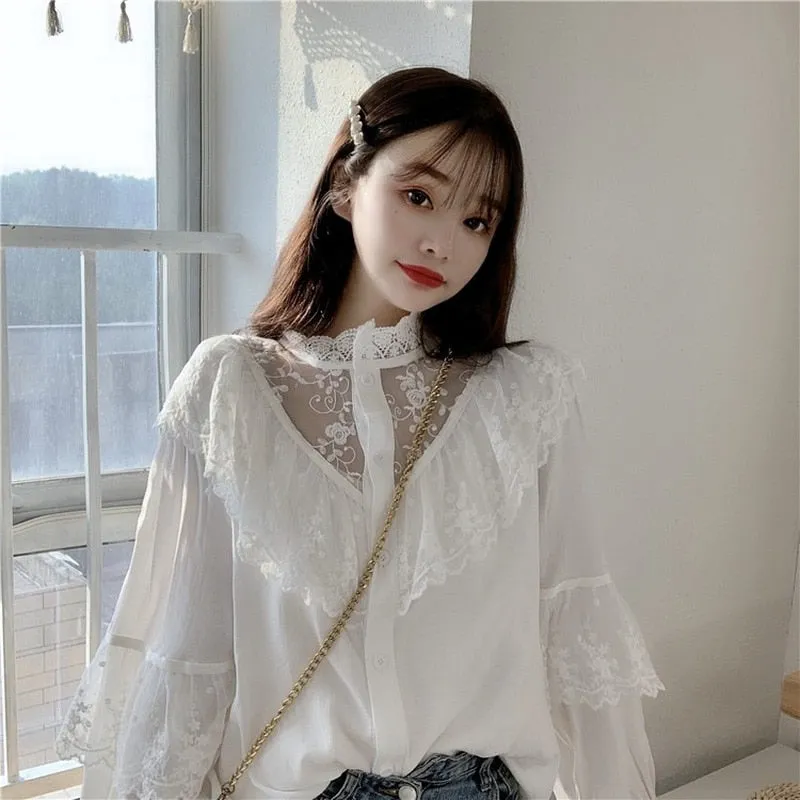 Autumn Korean Sweet Loose Clothes Lace Up Ruffled Women Blouses Fashion Stand Collat Ladies Tops Vintage Lace Shirts Women 11335