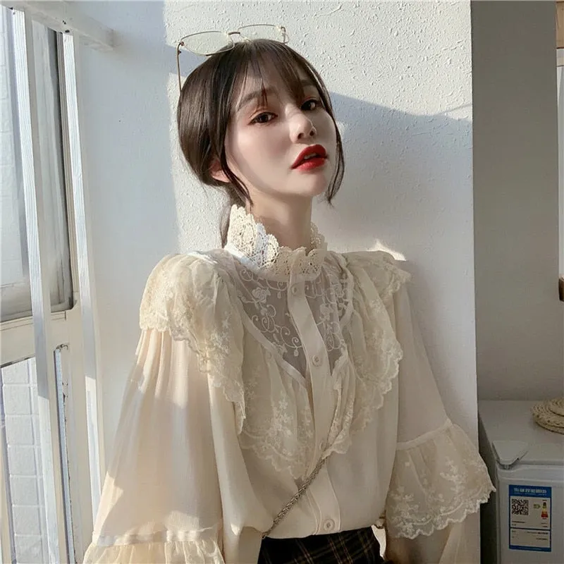 Autumn Korean Sweet Loose Clothes Lace Up Ruffled Women Blouses Fashion Stand Collat Ladies Tops Vintage Lace Shirts Women 11335