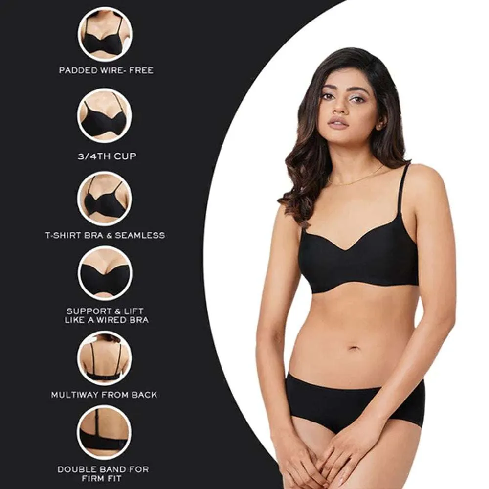 Basic Mold Padded  Non Wired 3/4Th Cup Everyday Wear Seamless T-Shirt Bra - Black