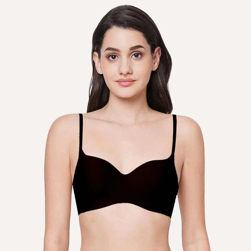 Basic Mold Padded  Non Wired 3/4Th Cup Everyday Wear Seamless T-Shirt Bra - Black