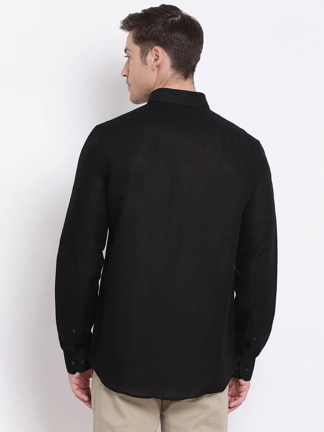 Black Linen Solid Slim Fit Shirts