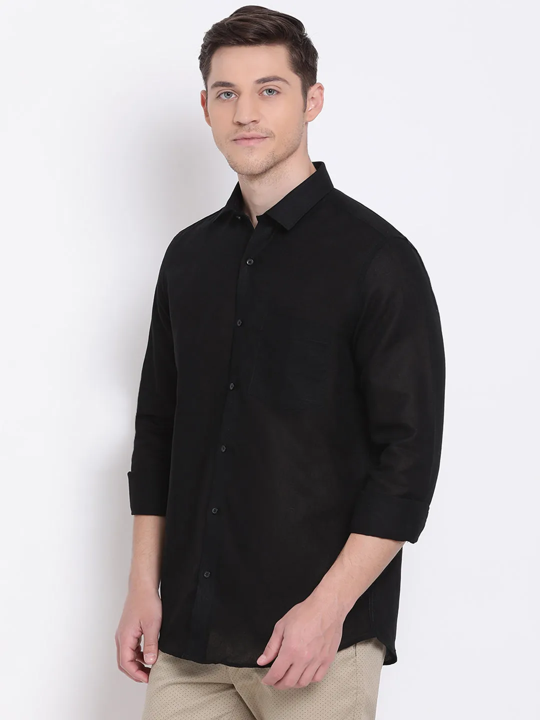 Black Linen Solid Slim Fit Shirts