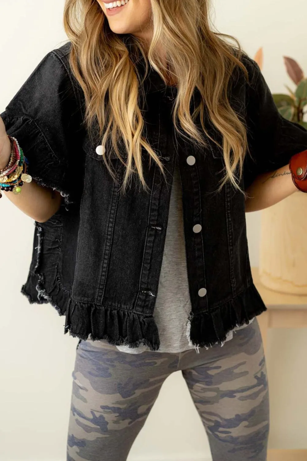 Black Raw Edge Ruffled Short Sleeve Denim Jacket