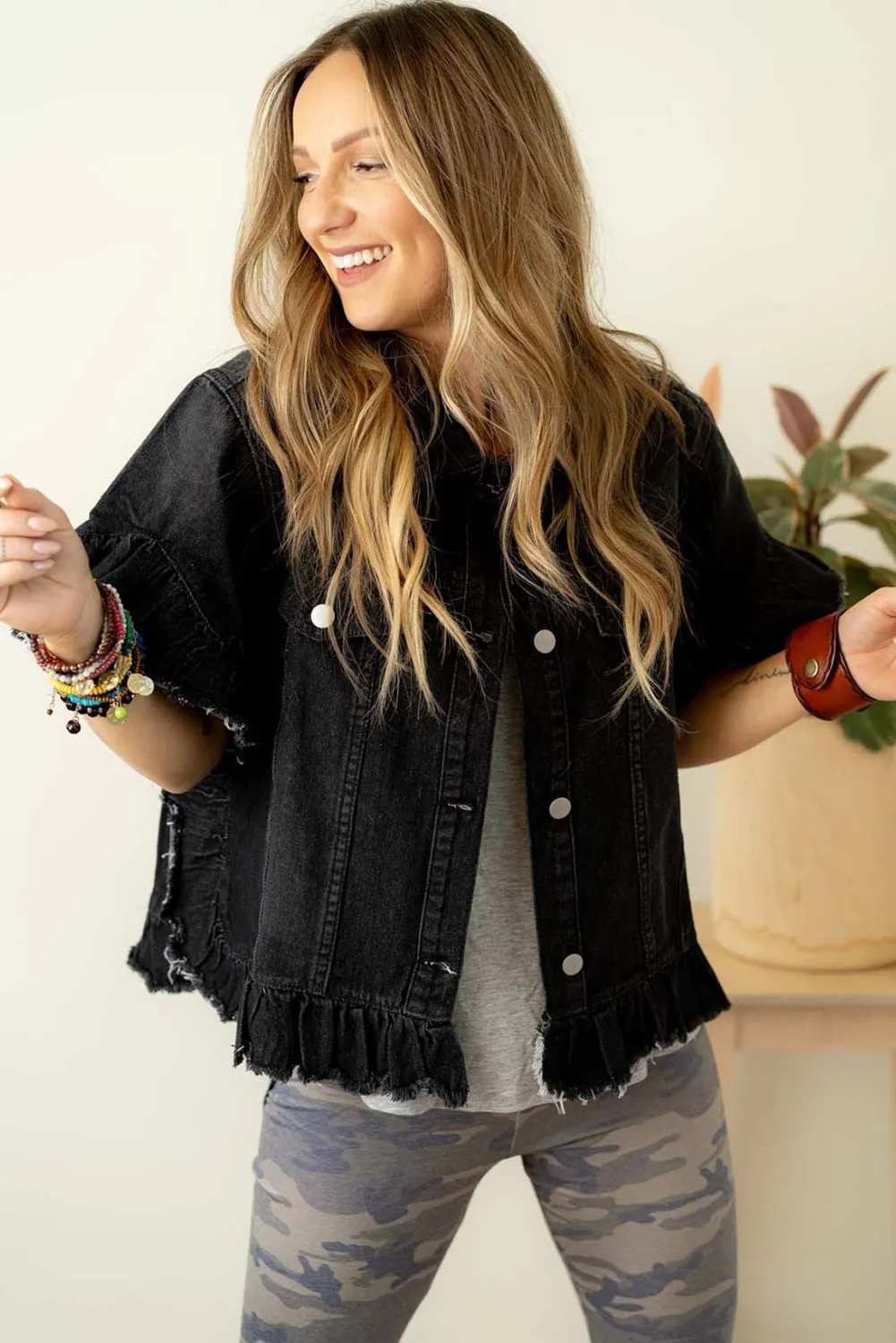 Black Raw Edge Ruffled Short Sleeve Denim Jacket