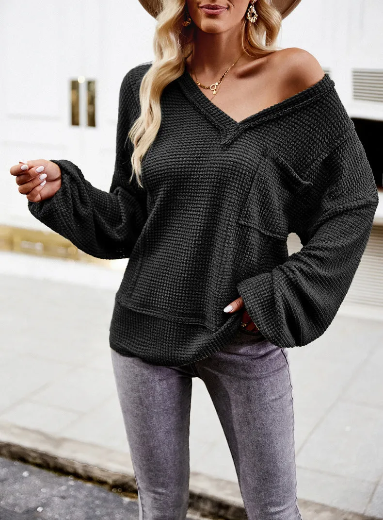 Black  Sweater Long Sleeve V-Neck Solid Color Top