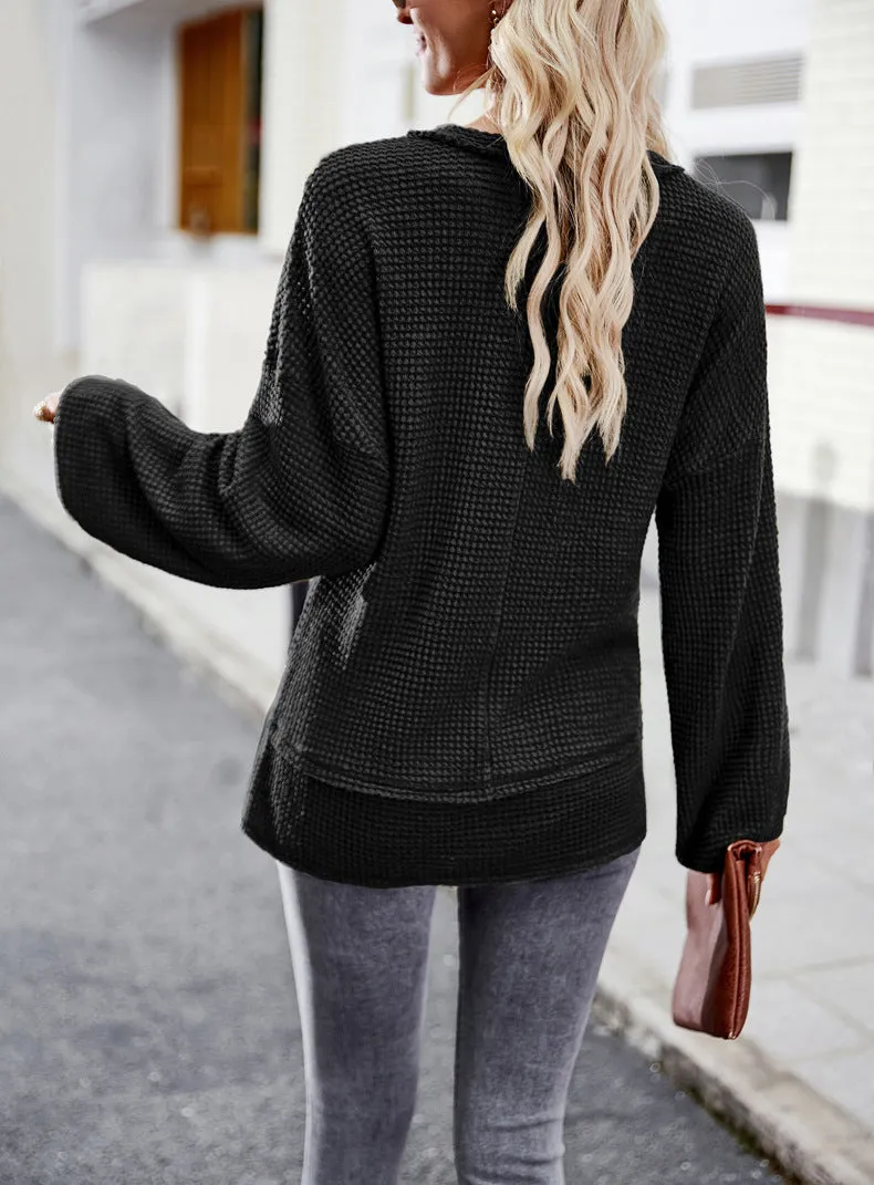 Black  Sweater Long Sleeve V-Neck Solid Color Top