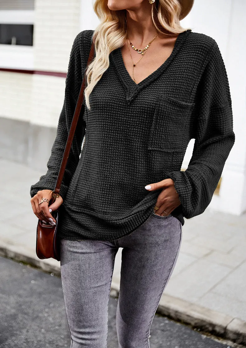 Black  Sweater Long Sleeve V-Neck Solid Color Top