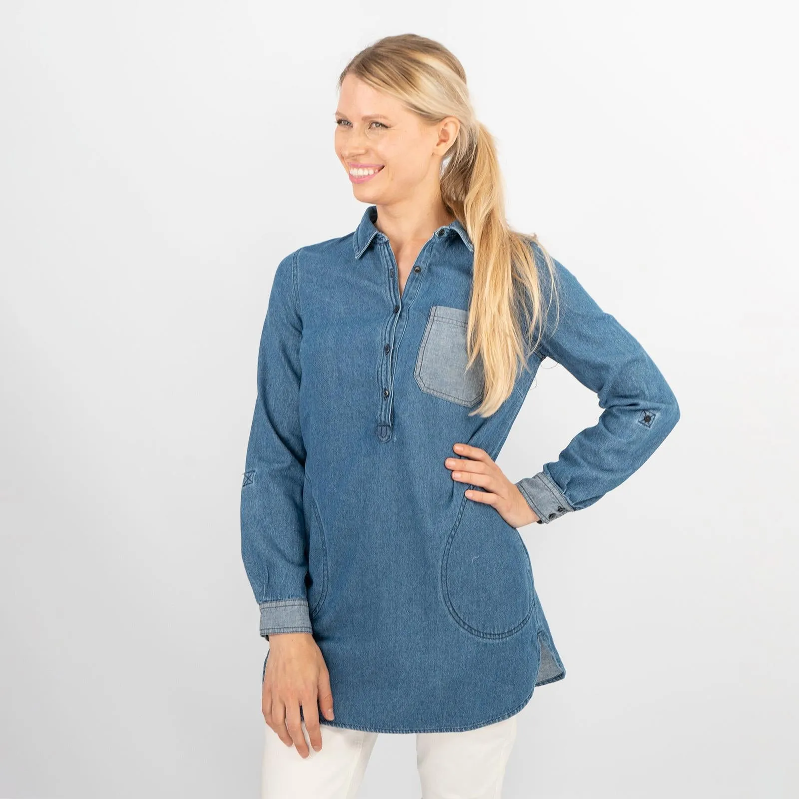 Blue Denim Long Sleeve Casual Tunic Longline Women's Shirts