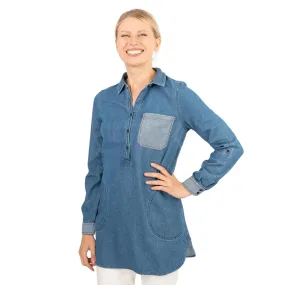 Blue Denim Long Sleeve Casual Tunic Longline Women's Shirts