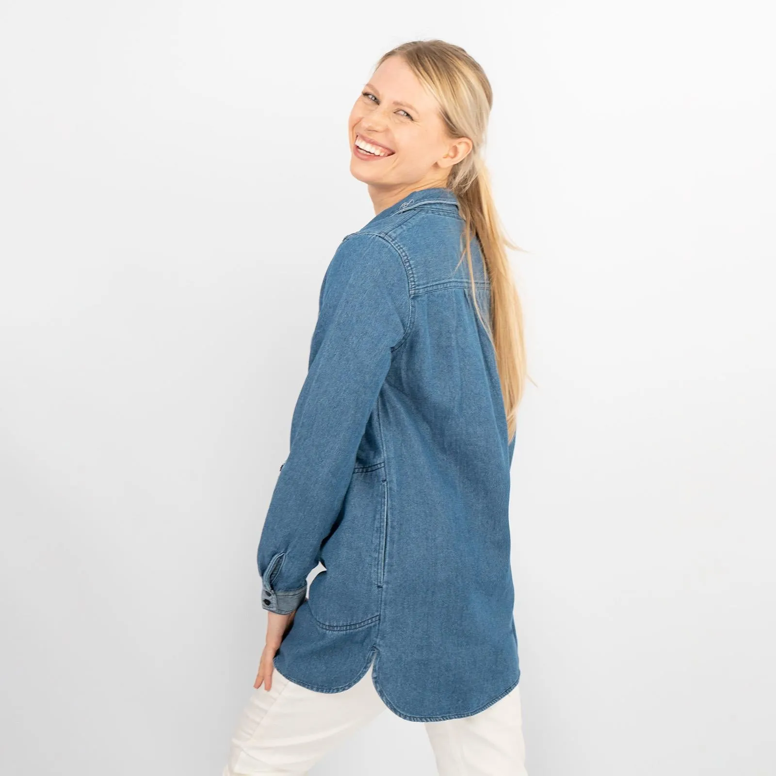 Blue Denim Long Sleeve Casual Tunic Longline Women's Shirts