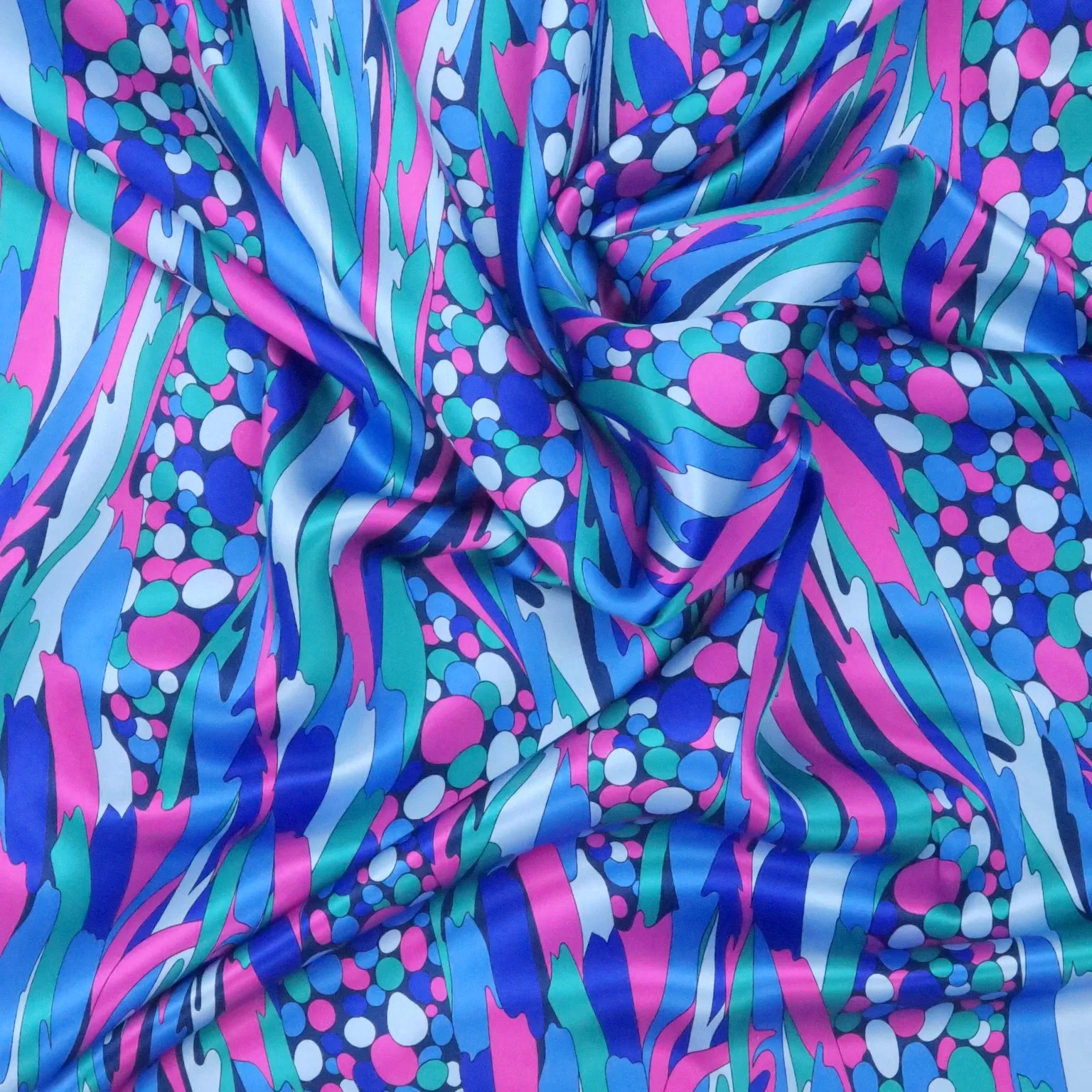 Blue Purple & Aqua Abstract Bubbles Printed Silk Charmeuse Fabric