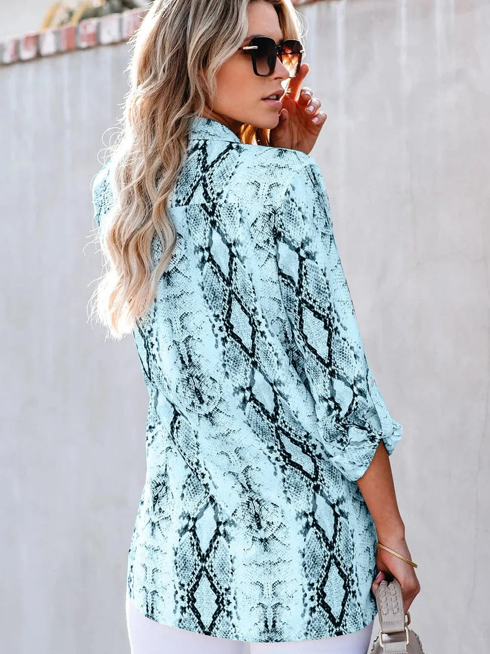 Blue Serpent Print Blouse with Pocket Detail