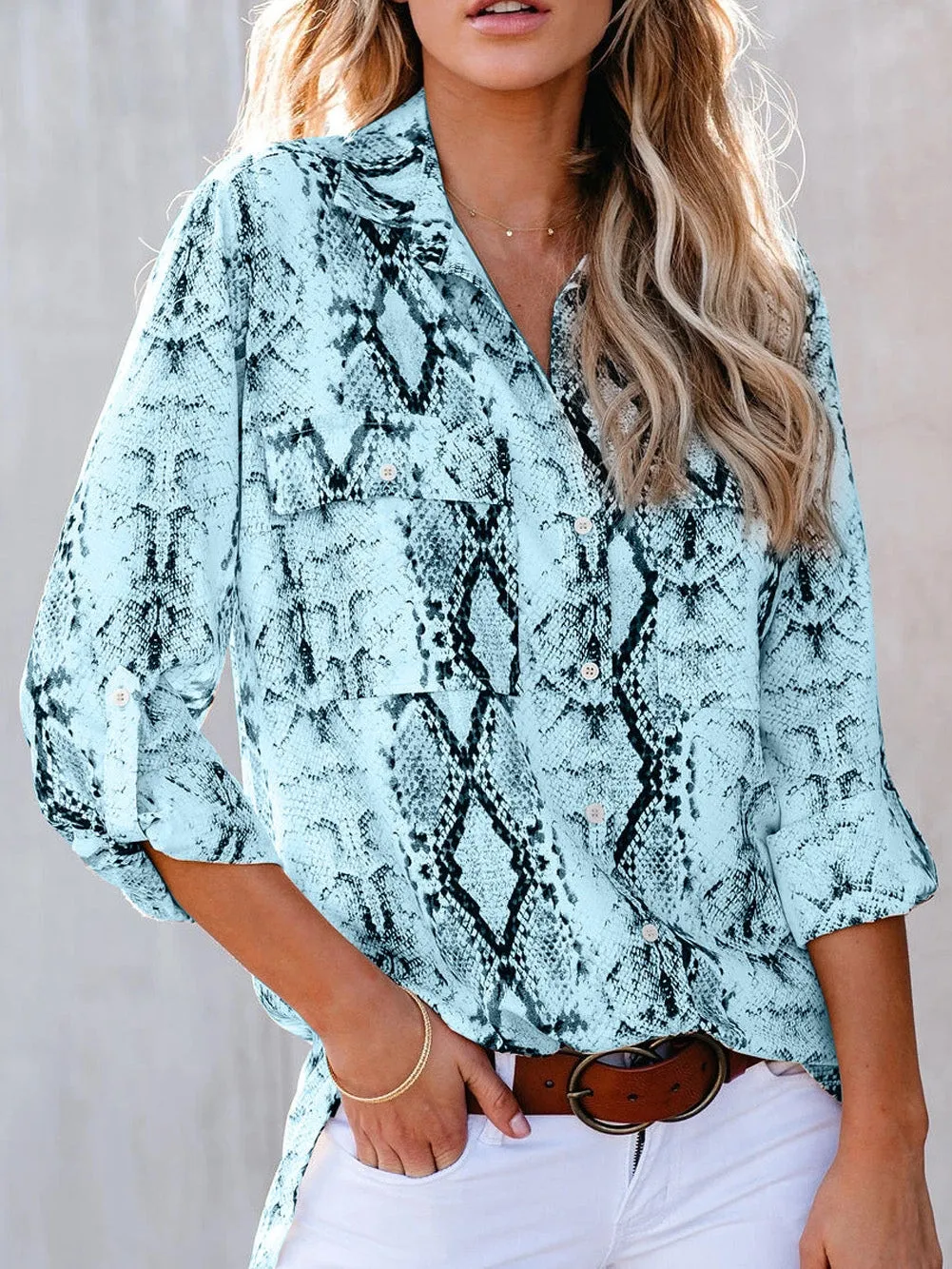 Blue Serpent Print Blouse with Pocket Detail