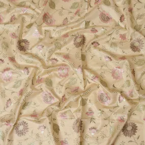 Brown Cotton Silk Fabric with Pink and Green Floral Embroidery, 110 cm Width-D20431