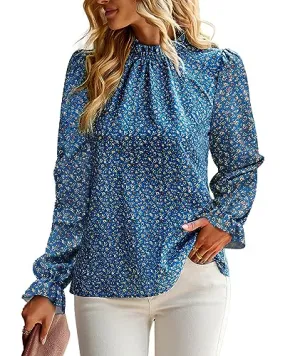 BTFBM Womens Long Sleeve Blouses Casual Boho Tops Frill Trim Mock Neck Floral Print 2024 Summer Fall Shirts Blouse Top(Floral Blue, Small)