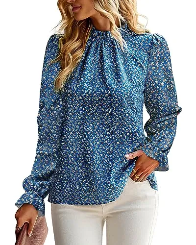 BTFBM Womens Long Sleeve Blouses Casual Boho Tops Frill Trim Mock Neck Floral Print 2024 Summer Fall Shirts Blouse Top(Floral Blue, Small)