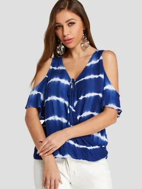 Custom Deep V Neck Stripe Crossed Front Half Sleeve Blue Blouses