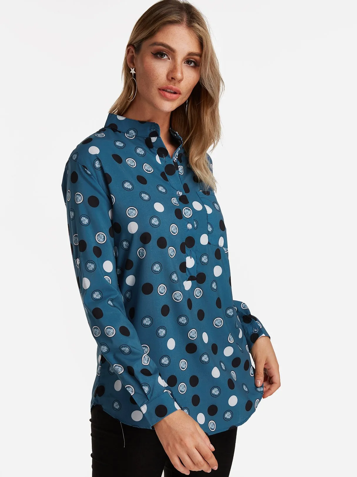 Custom Lapel Collar Polka Dot Long Sleeve Blouses