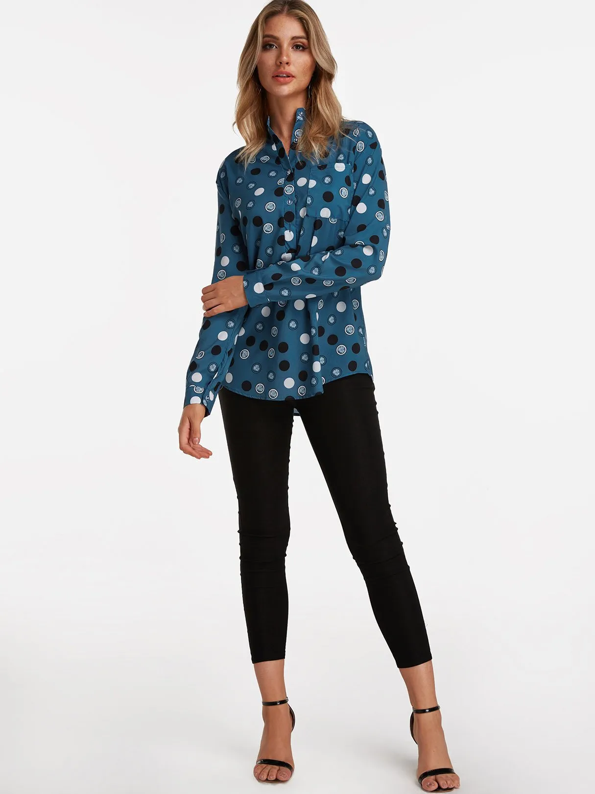 Custom Lapel Collar Polka Dot Long Sleeve Blouses