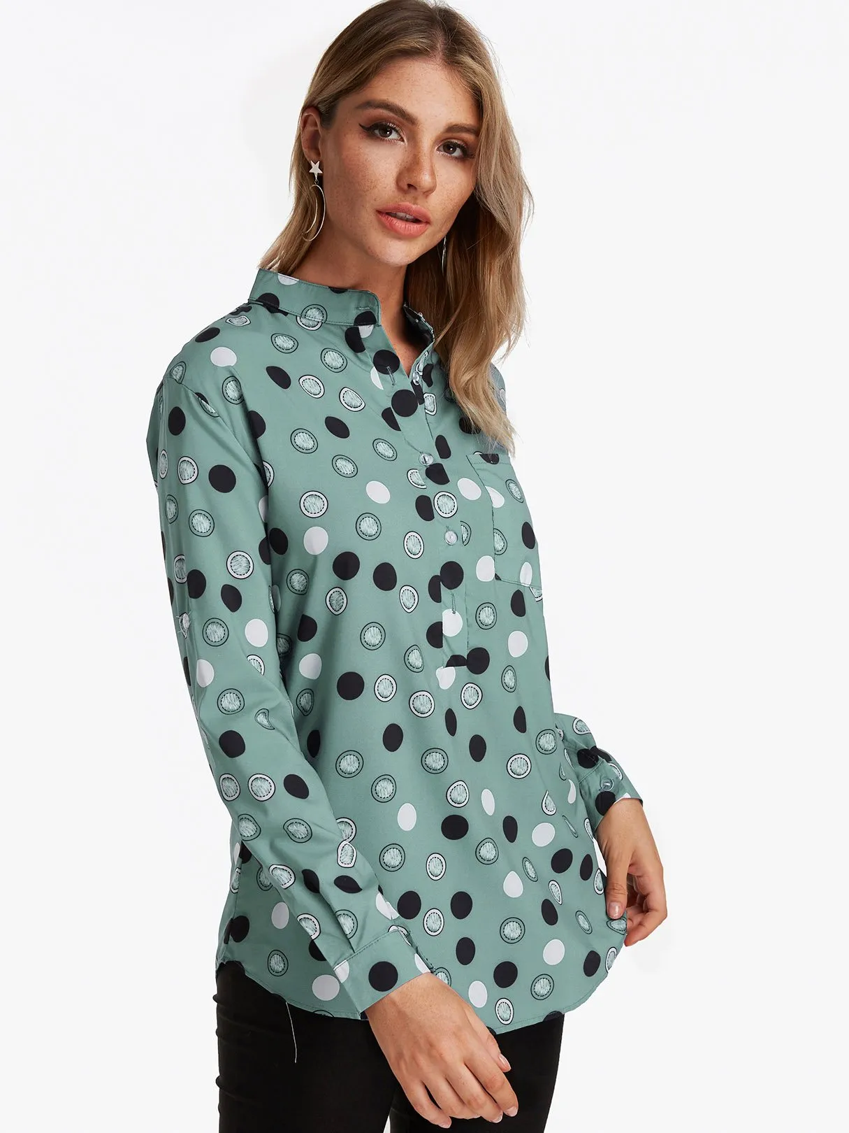 Custom Lapel Collar Polka Dot Long Sleeve Blouses