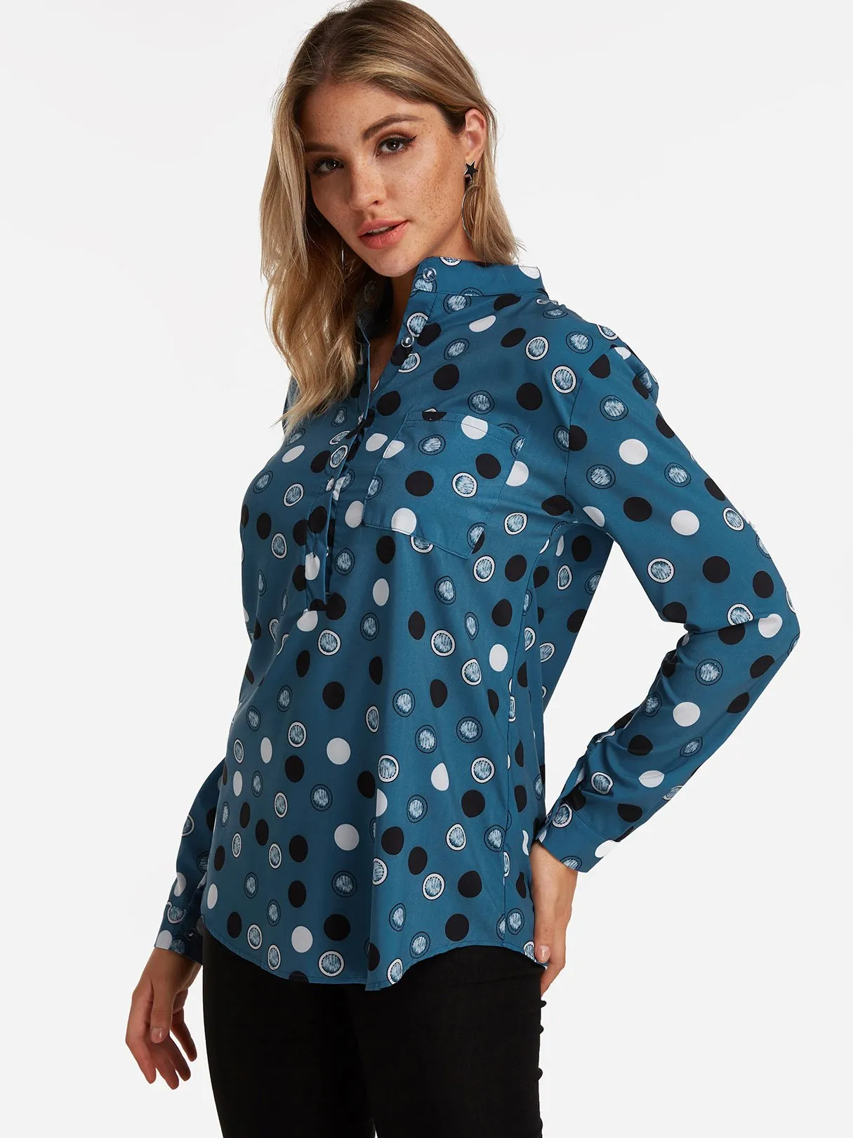 Custom Lapel Collar Polka Dot Long Sleeve Blouses