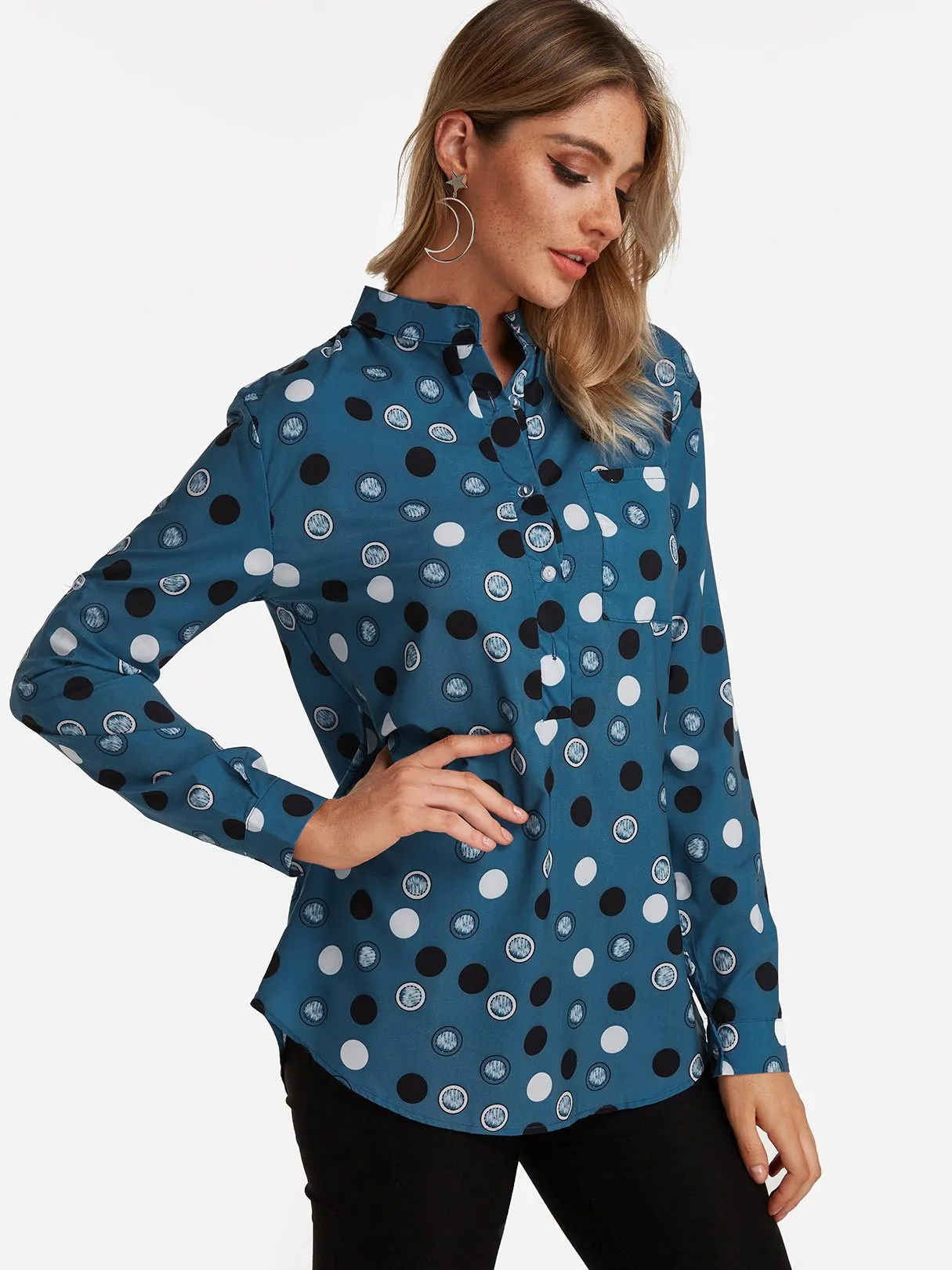 Custom Lapel Collar Polka Dot Long Sleeve Blouses