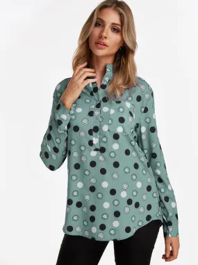 Custom Lapel Collar Polka Dot Long Sleeve Blouses