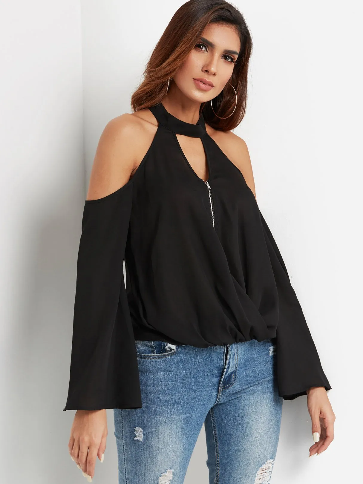 Custom Off The Shoulder Plain Spaghetti Strap Long Sleeve Curved Hem Black Blouses