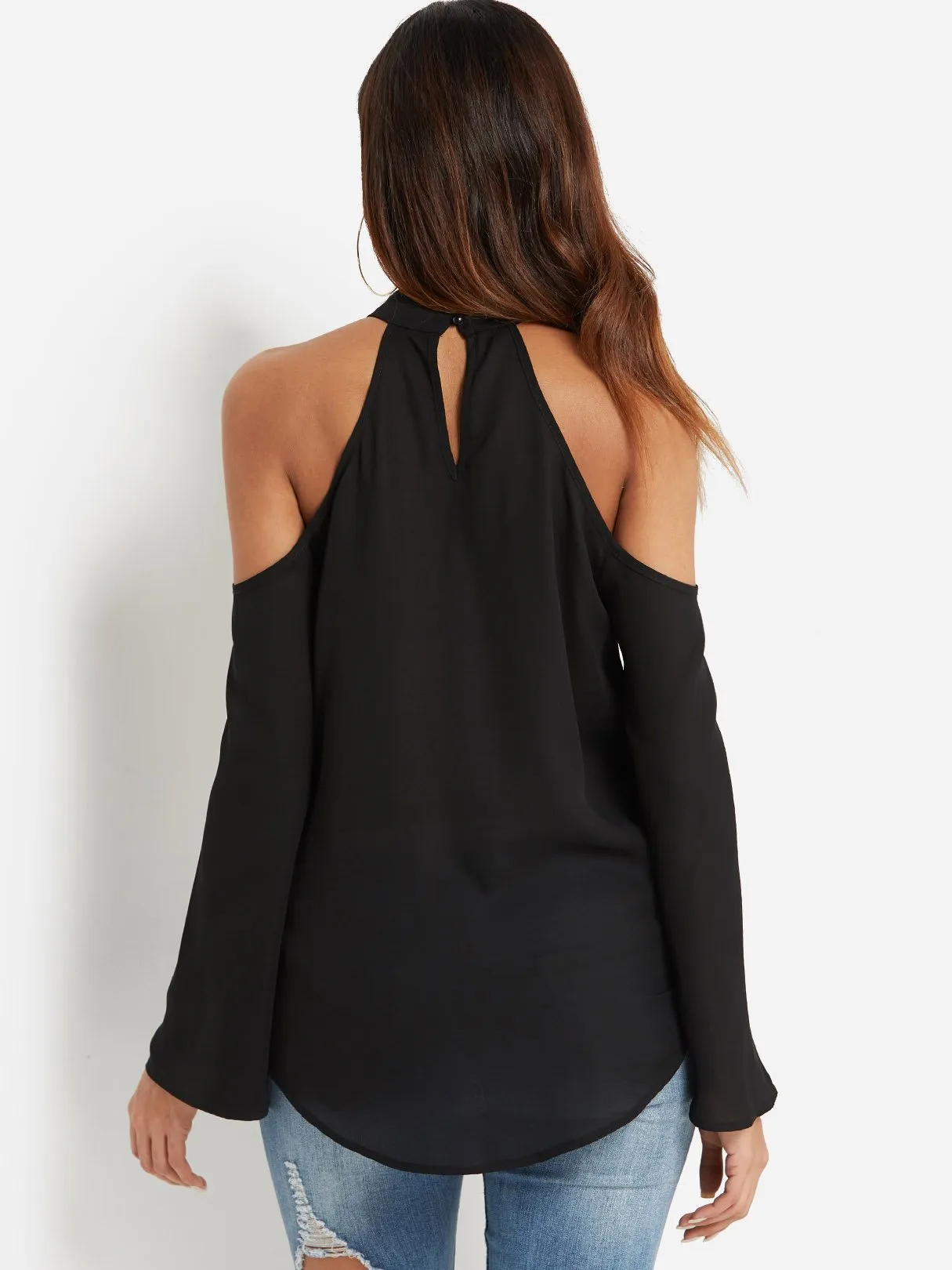 Custom Off The Shoulder Plain Spaghetti Strap Long Sleeve Curved Hem Black Blouses