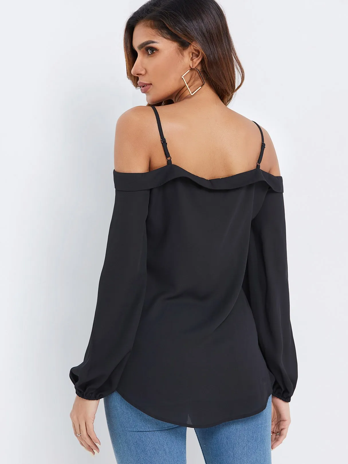 Custom Off The Shoulder Plain Spaghetti Strap Long Sleeve Curved Hem Black Blouses