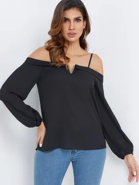 Custom Off The Shoulder Plain Spaghetti Strap Long Sleeve Curved Hem Black Blouses