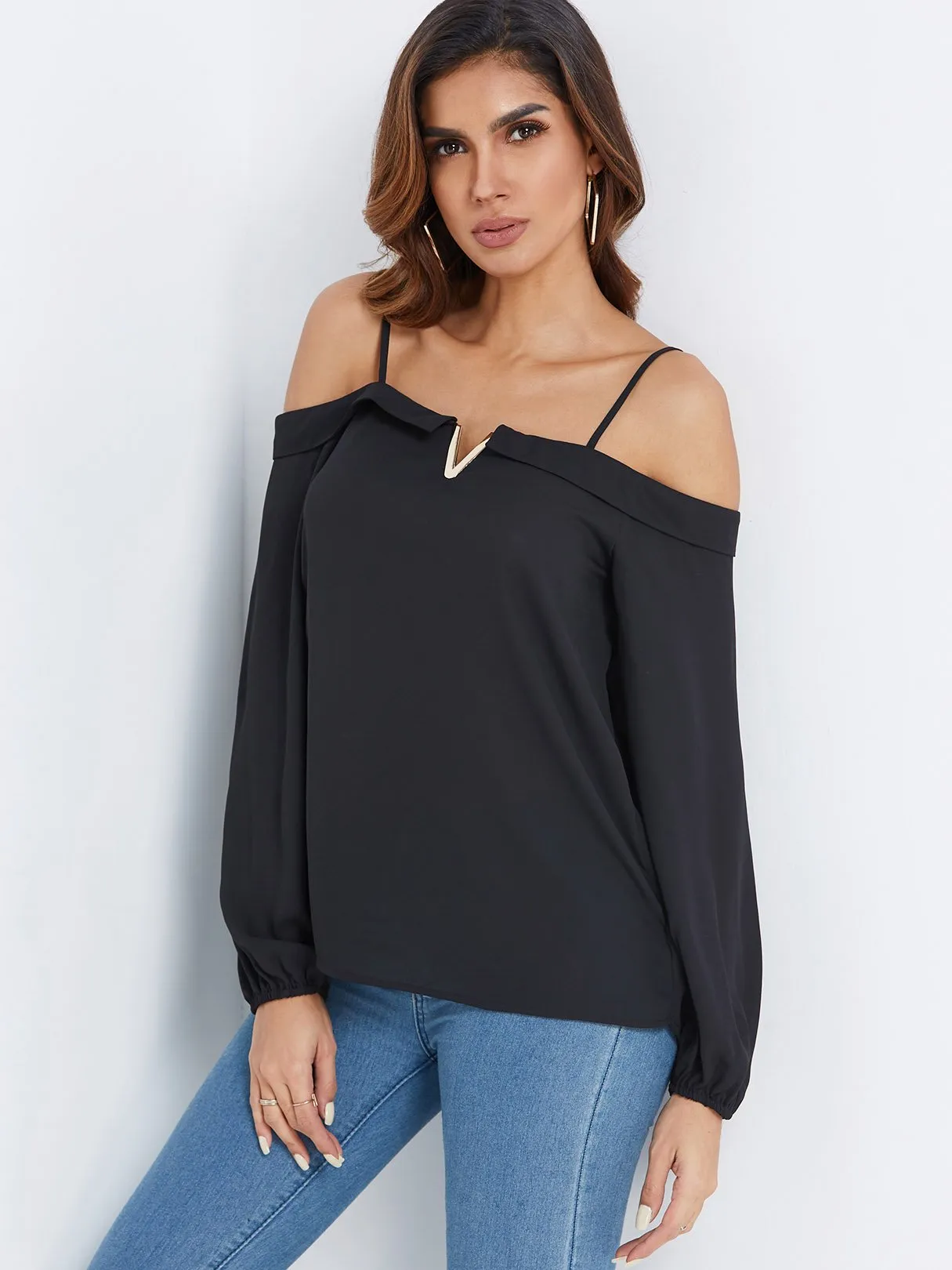 Custom Off The Shoulder Plain Spaghetti Strap Long Sleeve Curved Hem Black Blouses