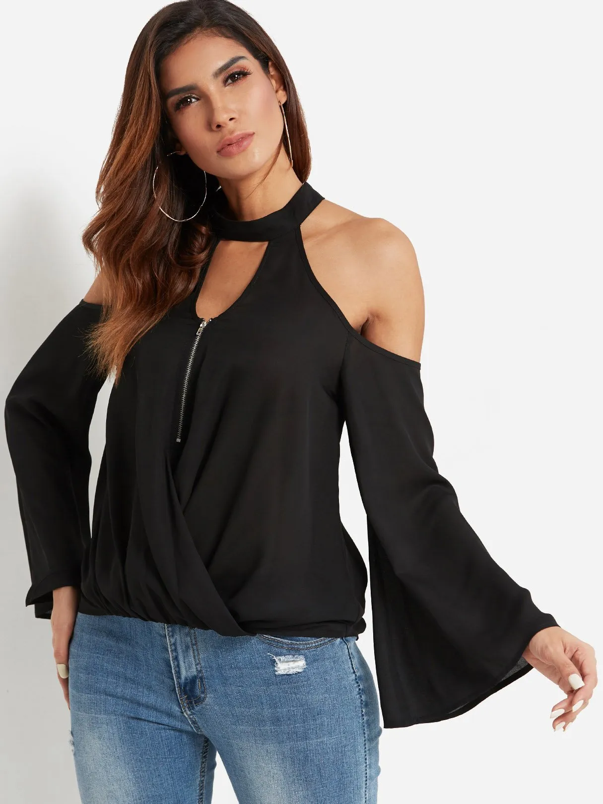 Custom Off The Shoulder Plain Spaghetti Strap Long Sleeve Curved Hem Black Blouses