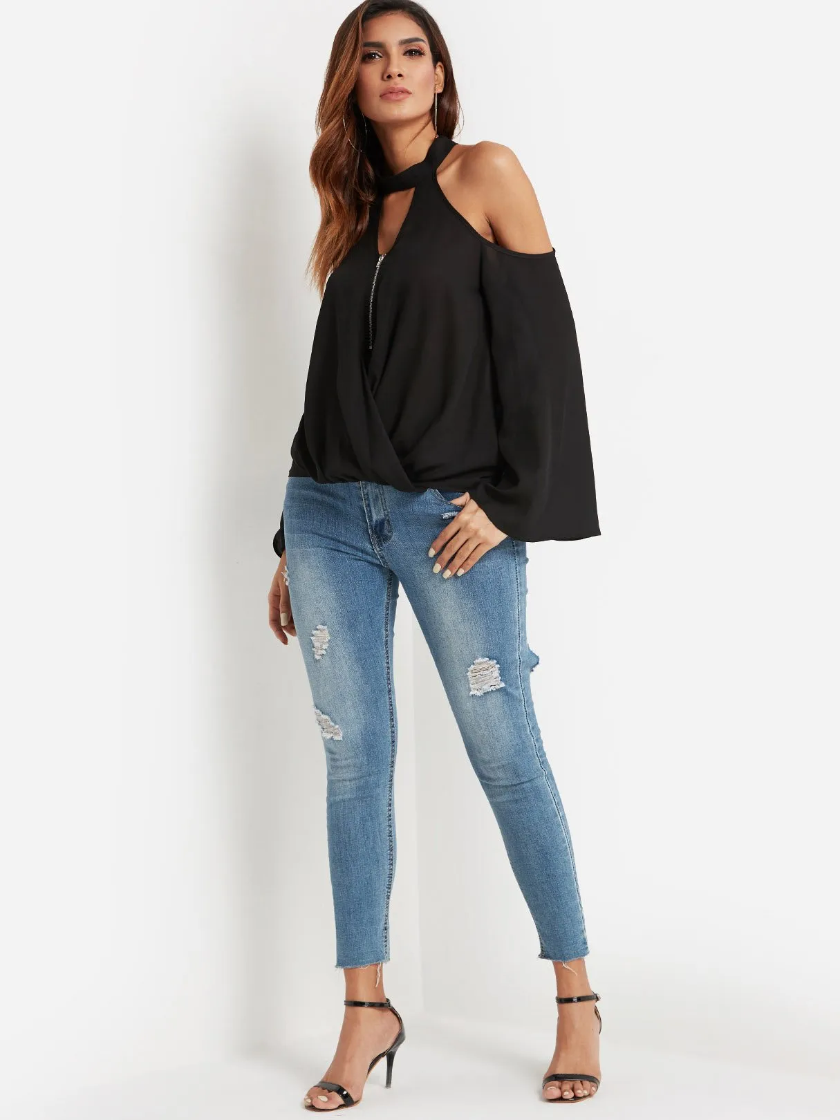 Custom Off The Shoulder Plain Spaghetti Strap Long Sleeve Curved Hem Black Blouses