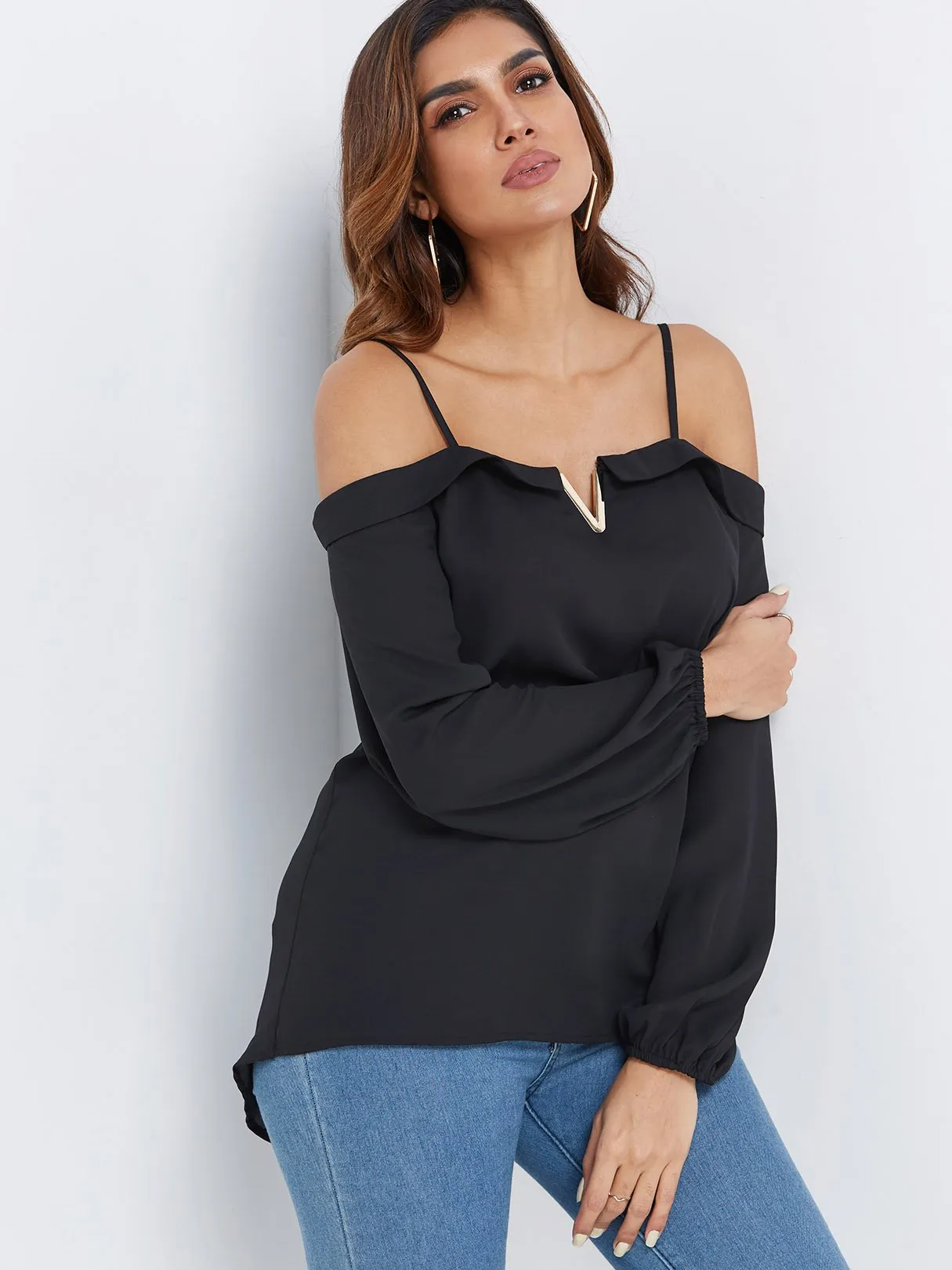 Custom Off The Shoulder Plain Spaghetti Strap Long Sleeve Curved Hem Black Blouses