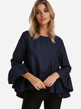 Custom Round Neck Long Sleeve Irregular Hem Navy Blouses