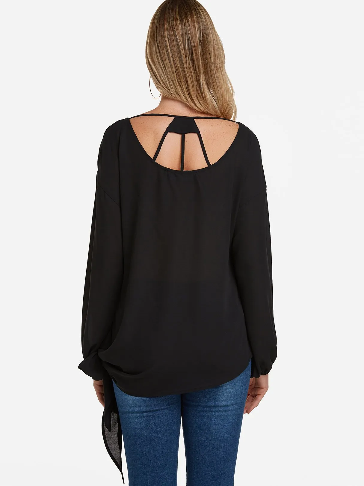 Custom V-Neck Self-Tie Long Sleeve Black Blouses