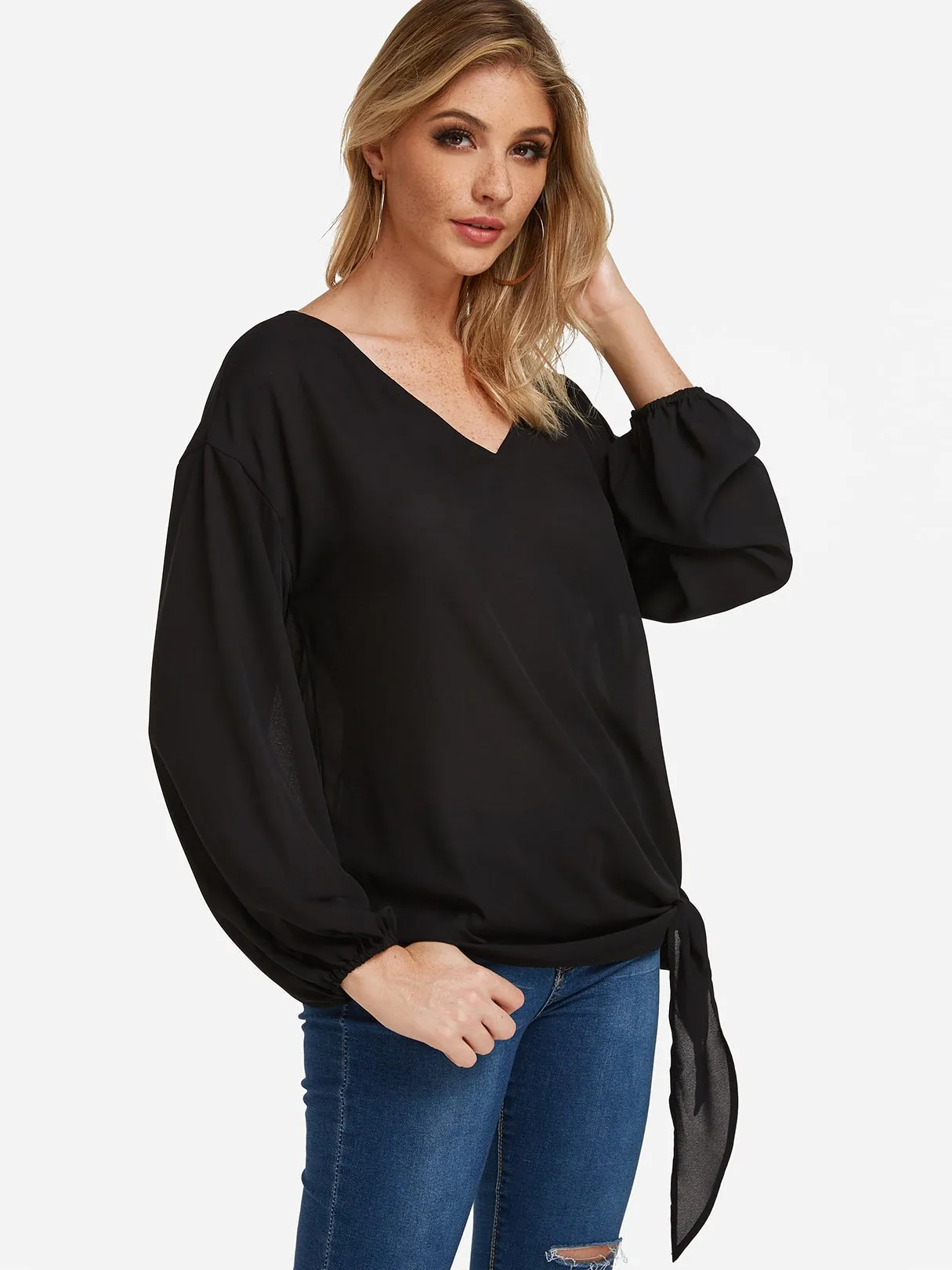 Custom V-Neck Self-Tie Long Sleeve Black Blouses