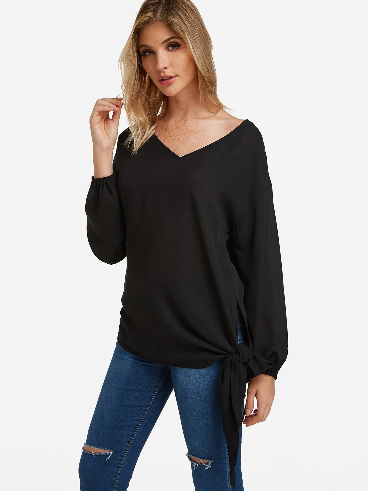 Custom V-Neck Self-Tie Long Sleeve Black Blouses