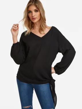 Custom V-Neck Self-Tie Long Sleeve Black Blouses