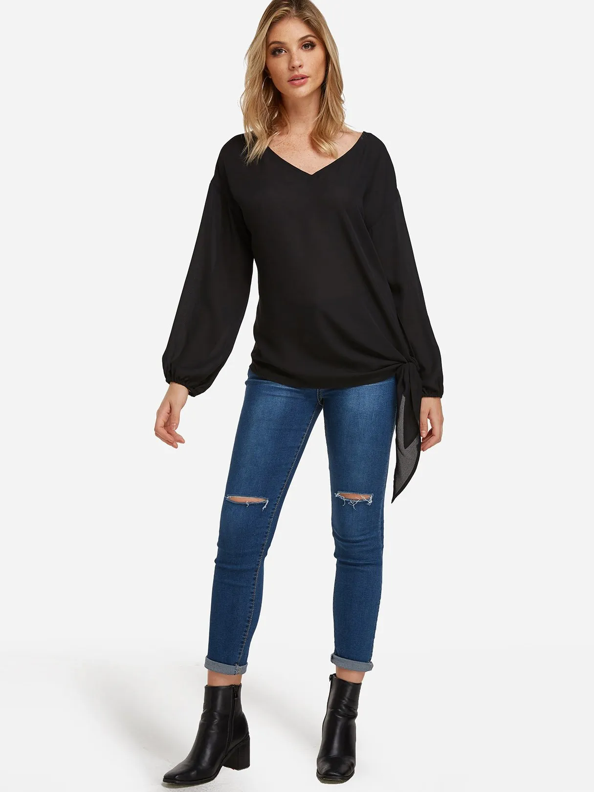 Custom V-Neck Self-Tie Long Sleeve Black Blouses