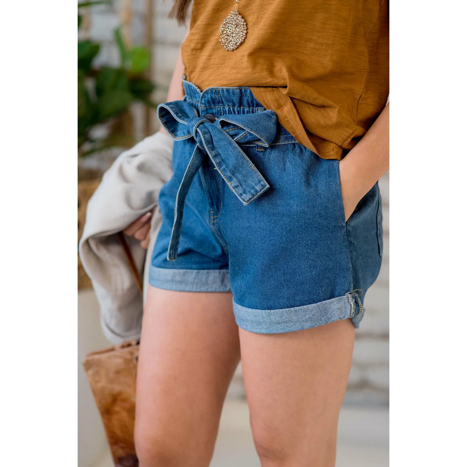 Denim Tie Top Paper Bag Shorts