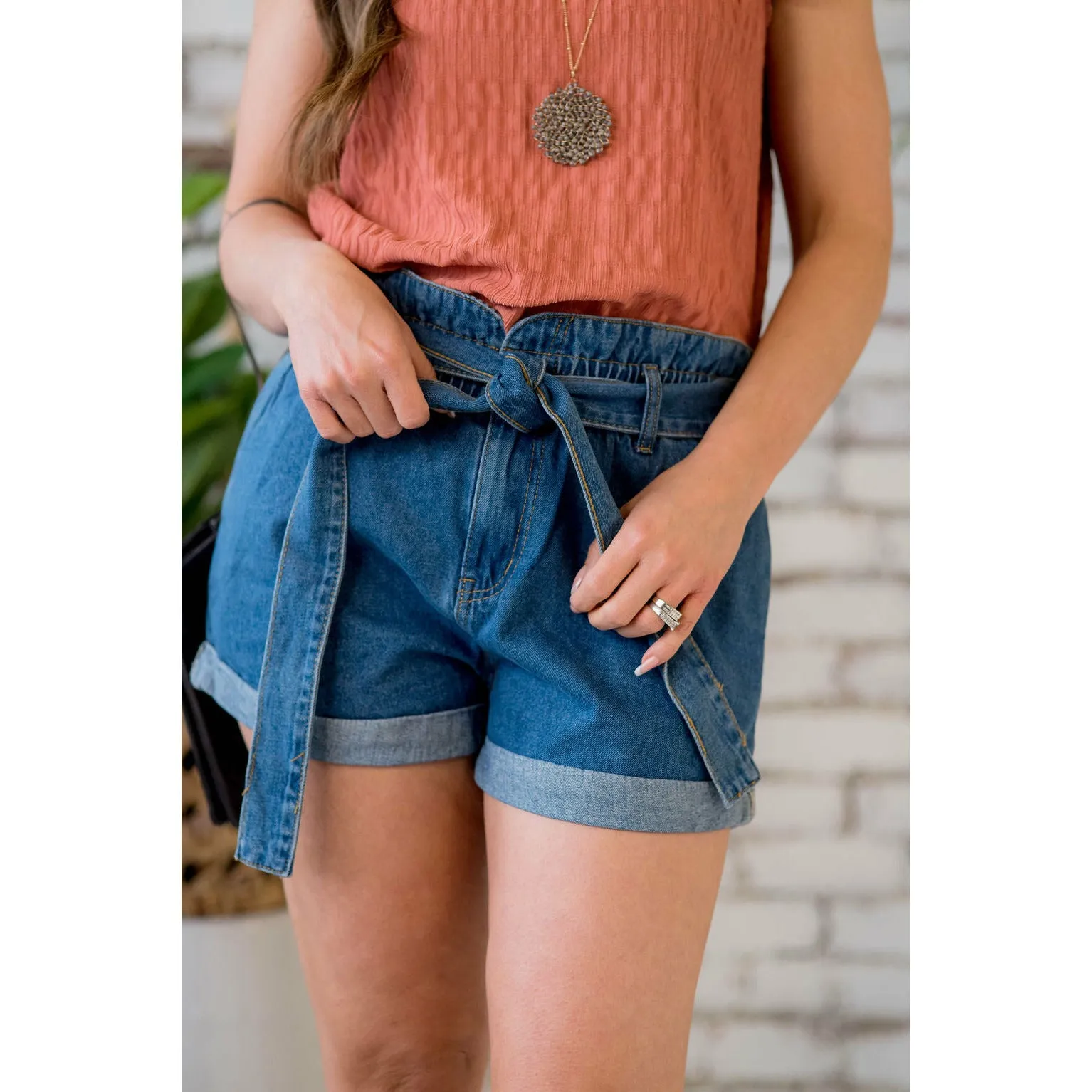 Denim Tie Top Paper Bag Shorts