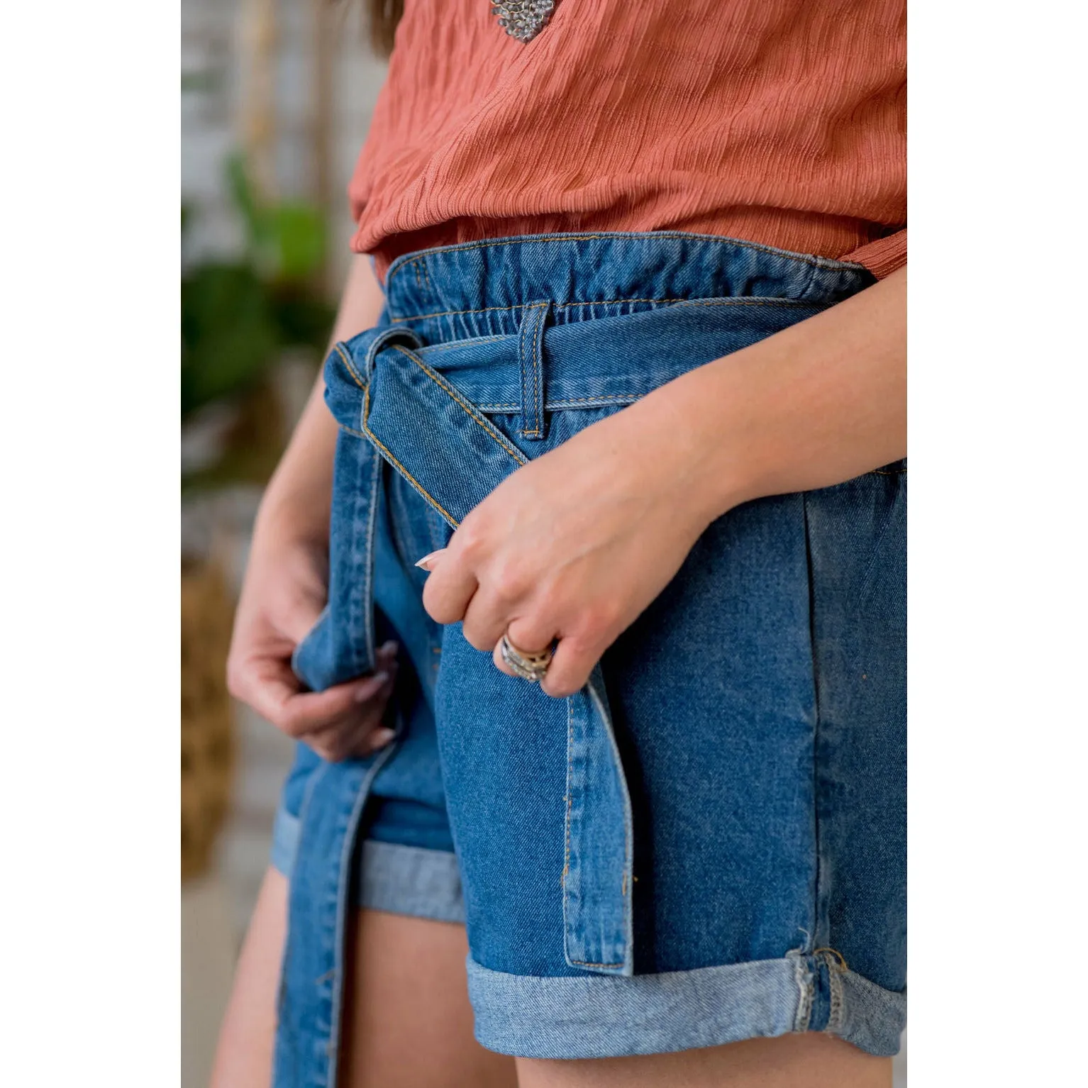 Denim Tie Top Paper Bag Shorts