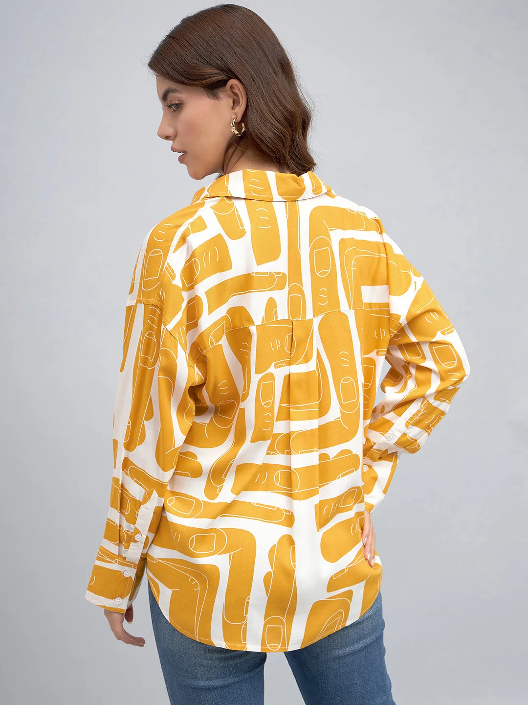 DL Woman Shirt Collar Regular Fit Abstract Print Mustard Shirt