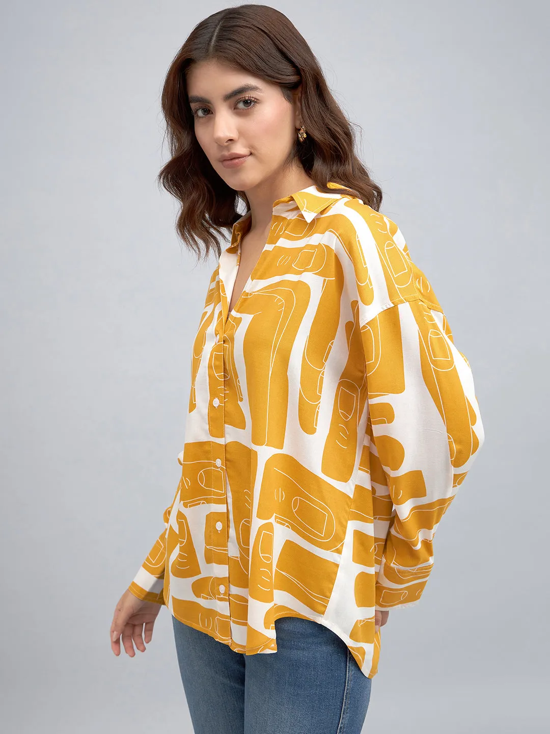 DL Woman Shirt Collar Regular Fit Abstract Print Mustard Shirt