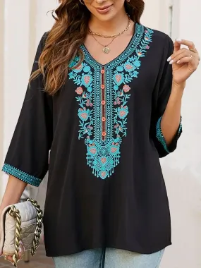 Embroidered V-Neck Half-Sleeve T-Shirt