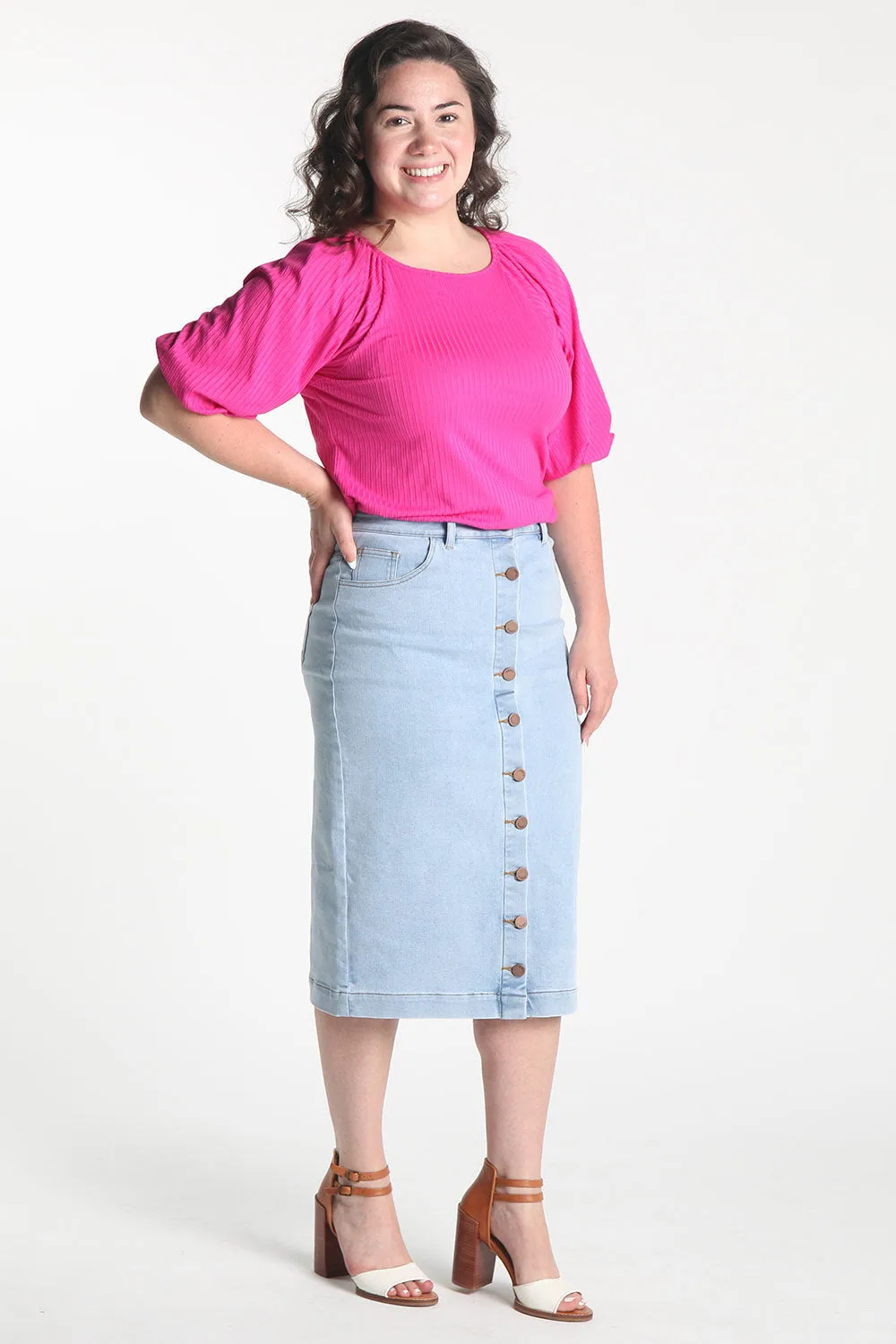 Evelyn Light Wash Faux Button Down Denim Skirt