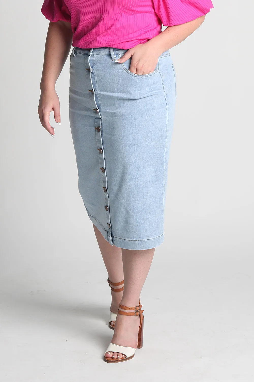 Evelyn Light Wash Faux Button Down Denim Skirt